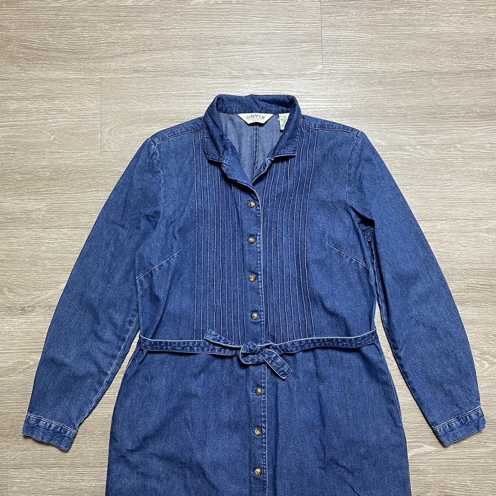 Vintage Orvis Western Denim Dress Women's 12 Blue Long Modest Prairie Pintuck - Picture 2 of 7